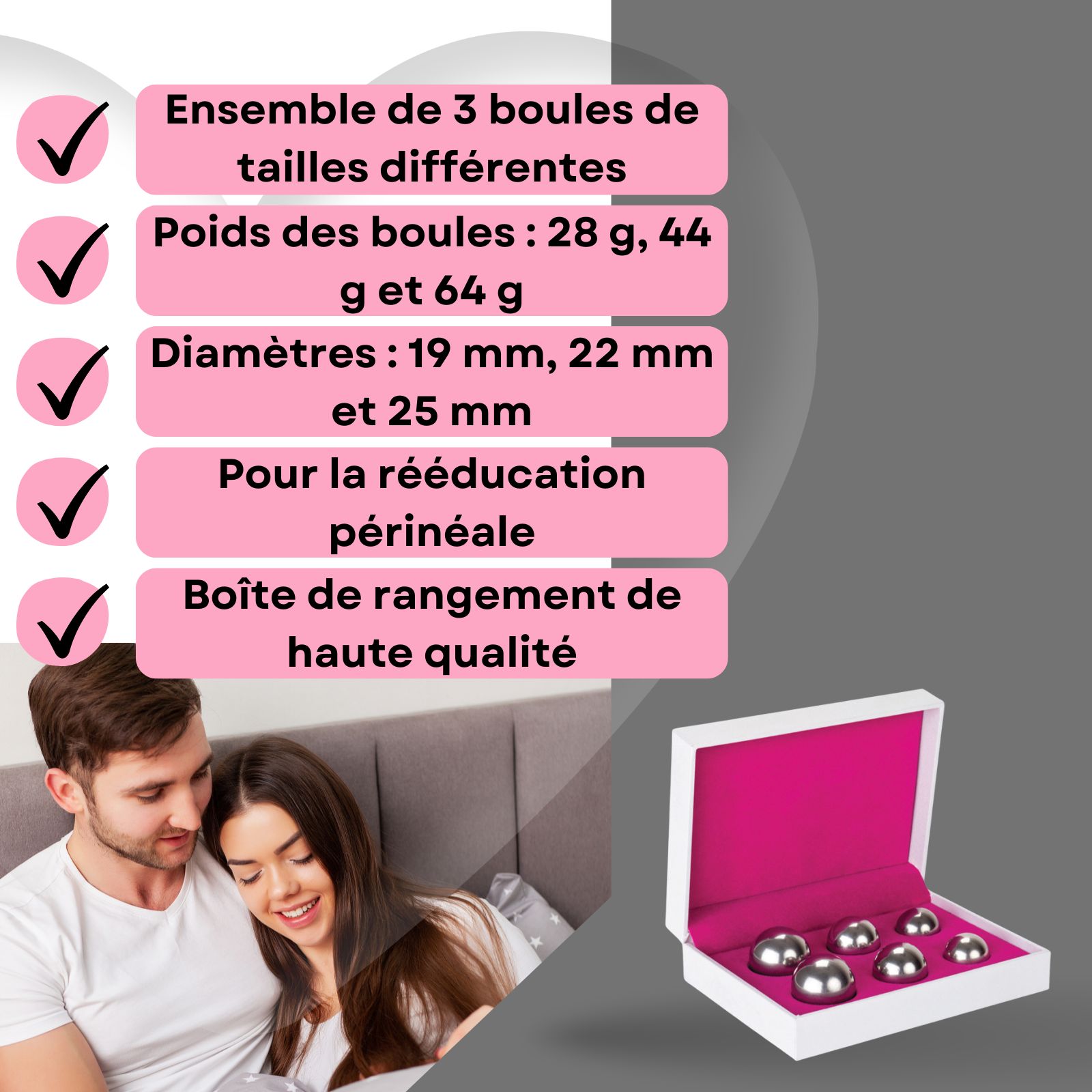 Image avec texte: Ensemble de 3 boules, poids, diamètres, rééducation périnéale, boîte de rangement de haute qualité.
