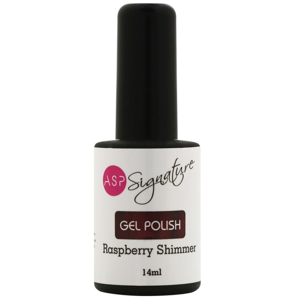 Flacon de vernis à ongles avec bouchon noir. Étiquette avec ASP Signature, Gel Polish, Raspberry Shimmer, 14ml.