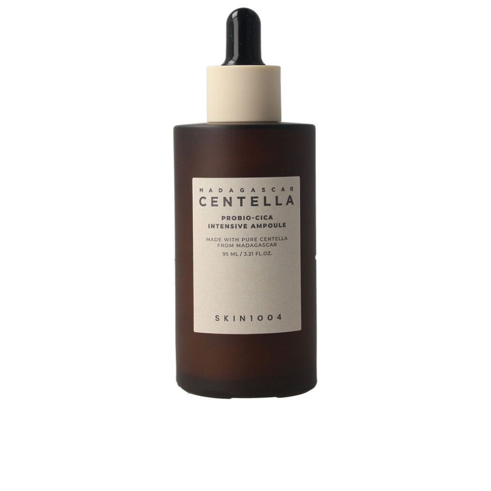 Bruine glazen fles met druppelaar en etiket: Madagascar Centella Probio-Cica Intensive Ampoule.