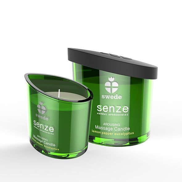 Deux bougies de massage vertes, une avec couvercle, parfum citron, poivre, eucalyptus.