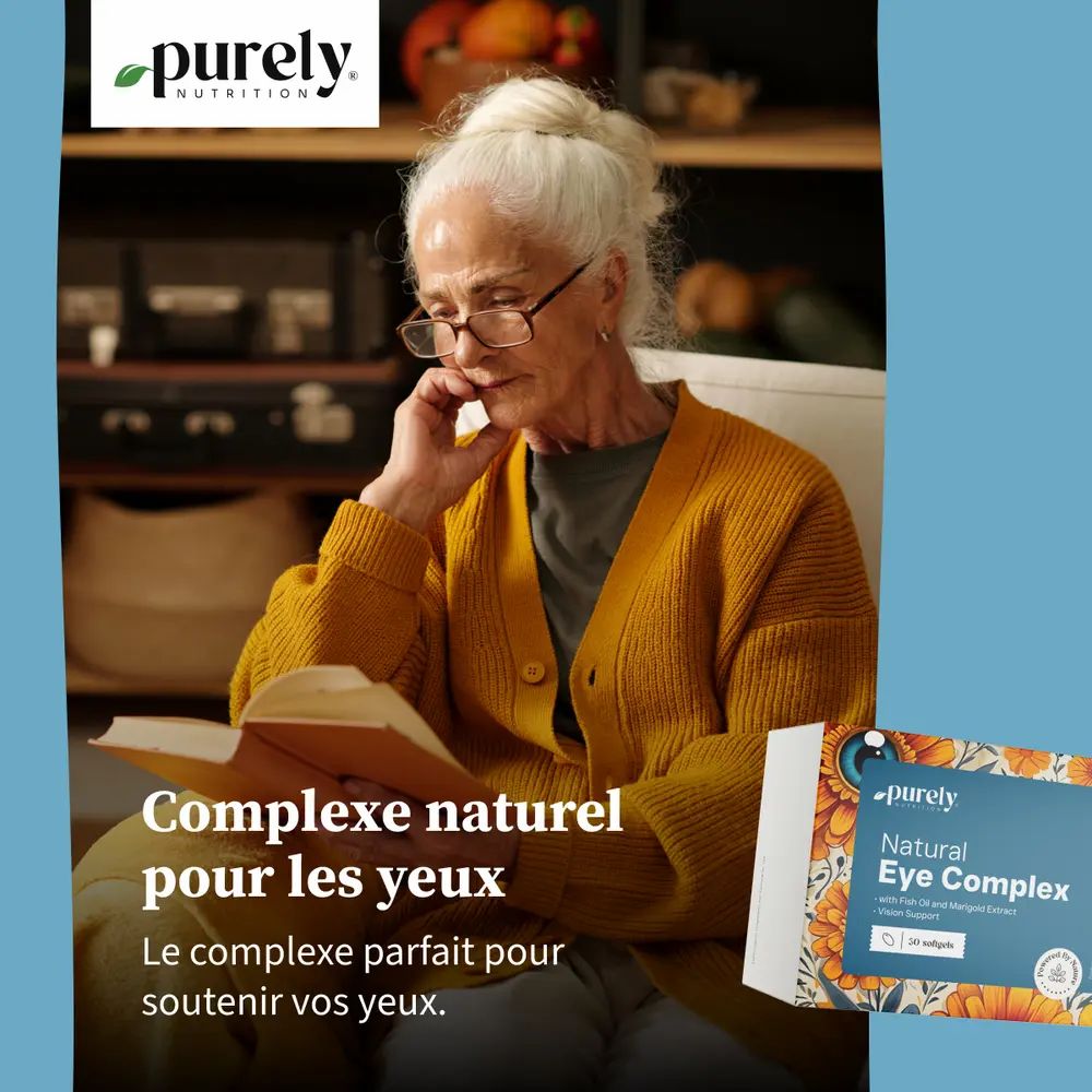 Femme âgée lisant un livre. À droite, un paquet de Purely Natural Eye Complex. Texte : Complexe naturel pour les yeux.