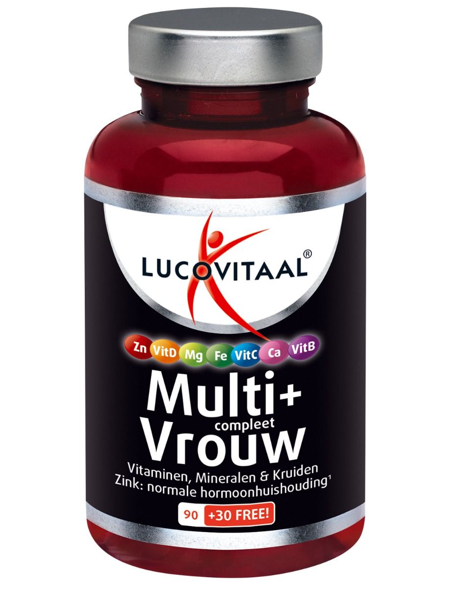 Bruine fles 'Lucovitaal Multi+ Vrouw'. Bevat vitaminen en mineralen. 90+30 tabletten. Zilveren dop.