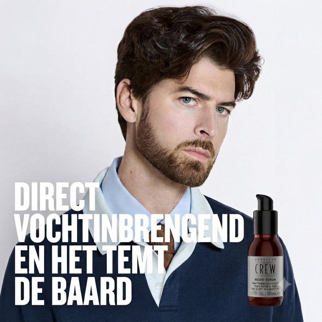 Man met baard, naast een AMERICAN CREW Bartserum fles.
