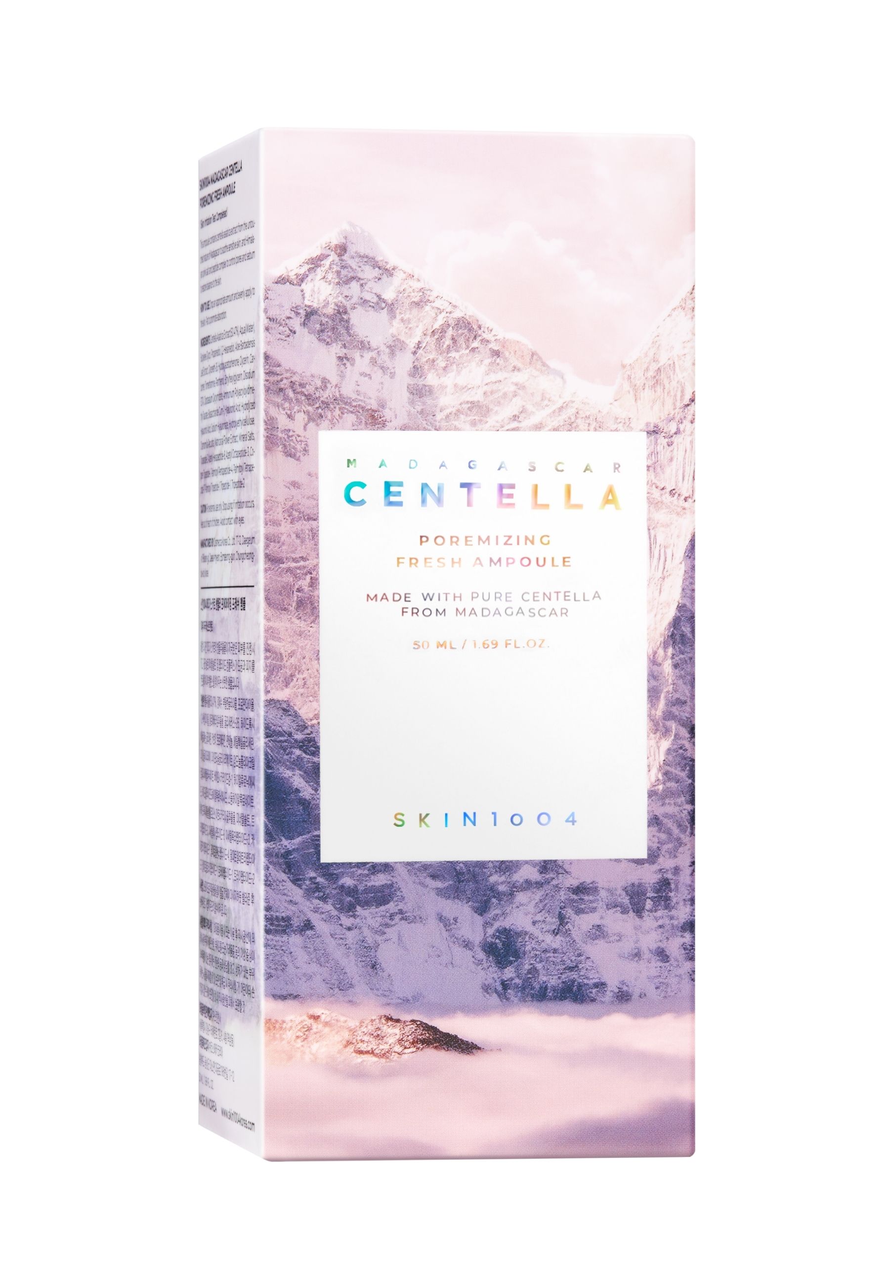 Emballage avec image du produit. Boîte blanche avec paysage de montagne. Texte: MADAGASCAR CENTELLA, SKIN1004.