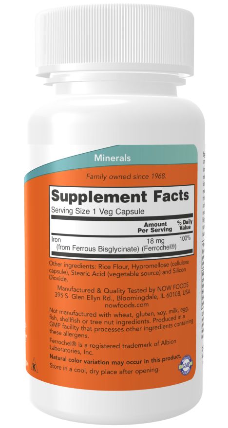 Dos d'un flacon blanc avec étiquette orange. Contient des informations nutritionnelles et des ingrédients. Marque: NOW.