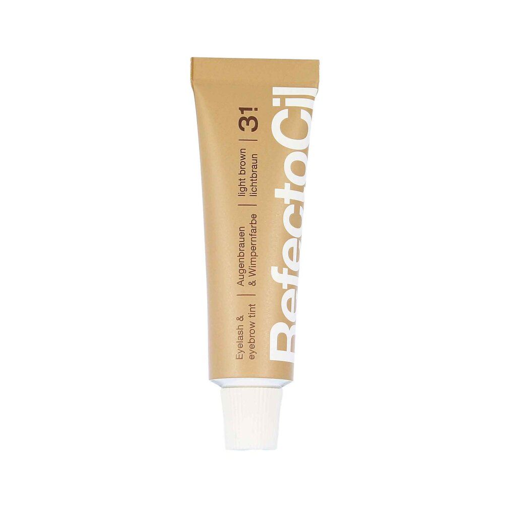 Tube Refectocil 3.1, wenkbrauw- en wimperverf, lichtbruin. Beige tube met bruine tekst. Witte schroefdop.