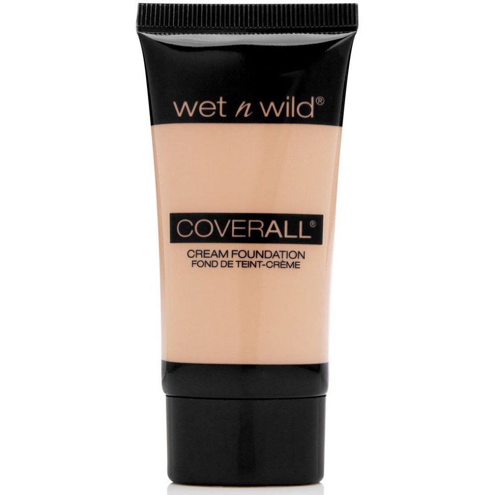 Fond de teint crème en tube. Bouchon noir et texte. Nom du produit : Coverall. Marque : Wet n Wild. Texte en anglais et français.