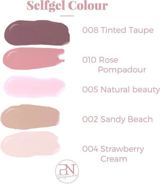 Palette de couleurs de vernis à ongles. Couleurs : 008 Tinted Taupe, 010 Rose Pompadour, 005 Natural beauty, 002 Sandy Beach, 004 Strawberry Cream. Logo PN Selfcare.