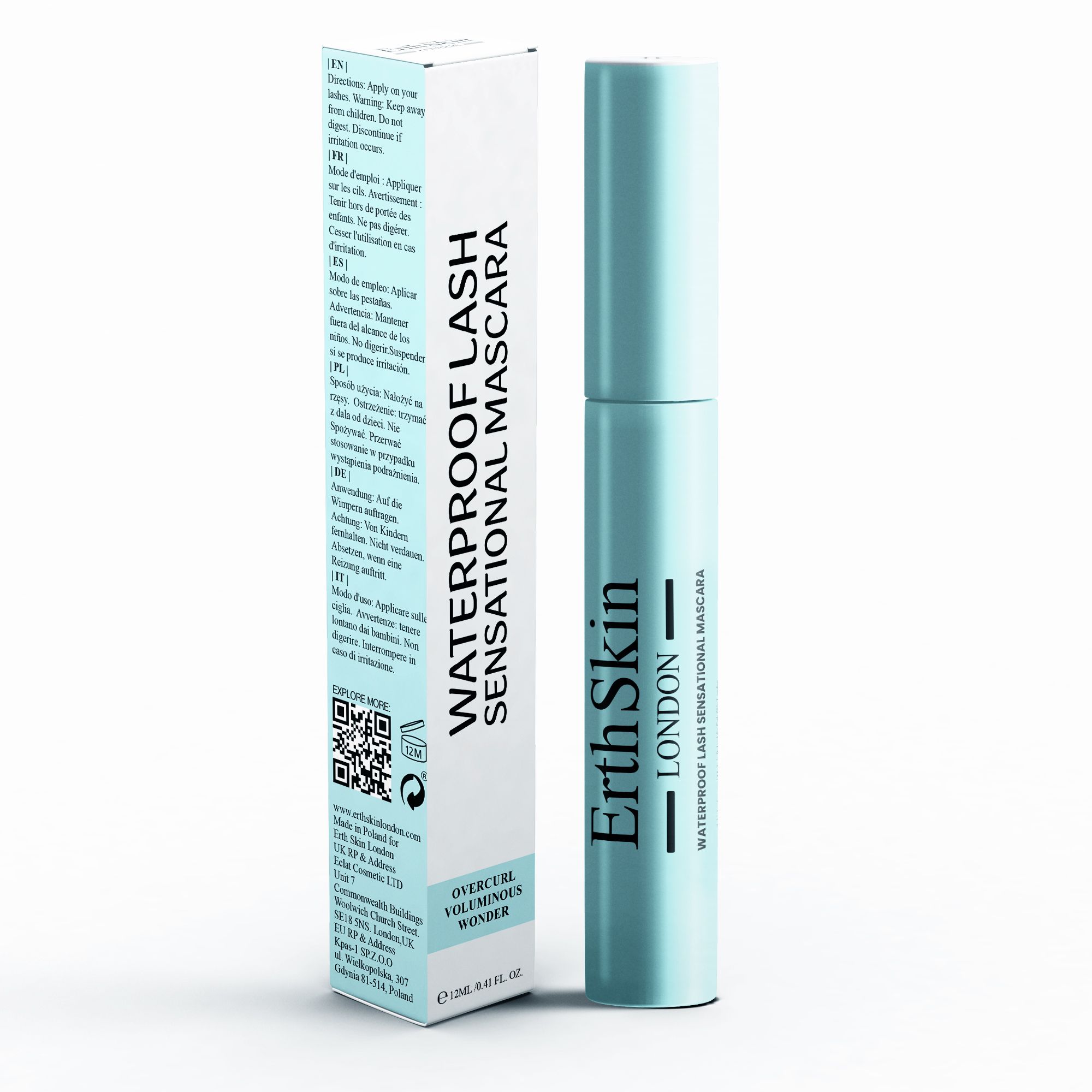 Erth Skin London waterproof mascara en de verpakking met instructies en QR-code.
