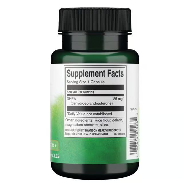Achterkant van een groene fles met zwarte dop. Opschrift: Supplement Facts, DHEA 25 mg, 120 capsules.