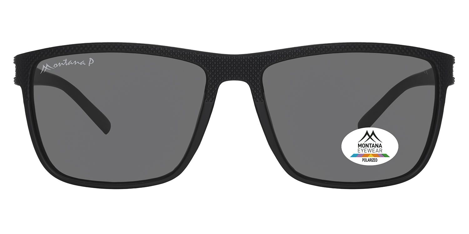 Lunettes de soleil noires à verres rectangulaires. "Montana P" sur la branche gauche. Autocollant avec logo et "Polarized" sur le verre droit.