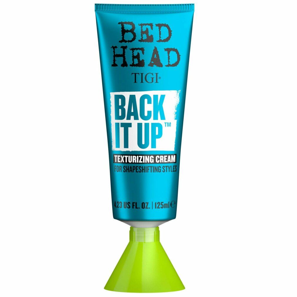 Tube turquoise avec pied jaune. Inscription: Bed Head TIGI Back It Up Texturizing Cream. 125ml.