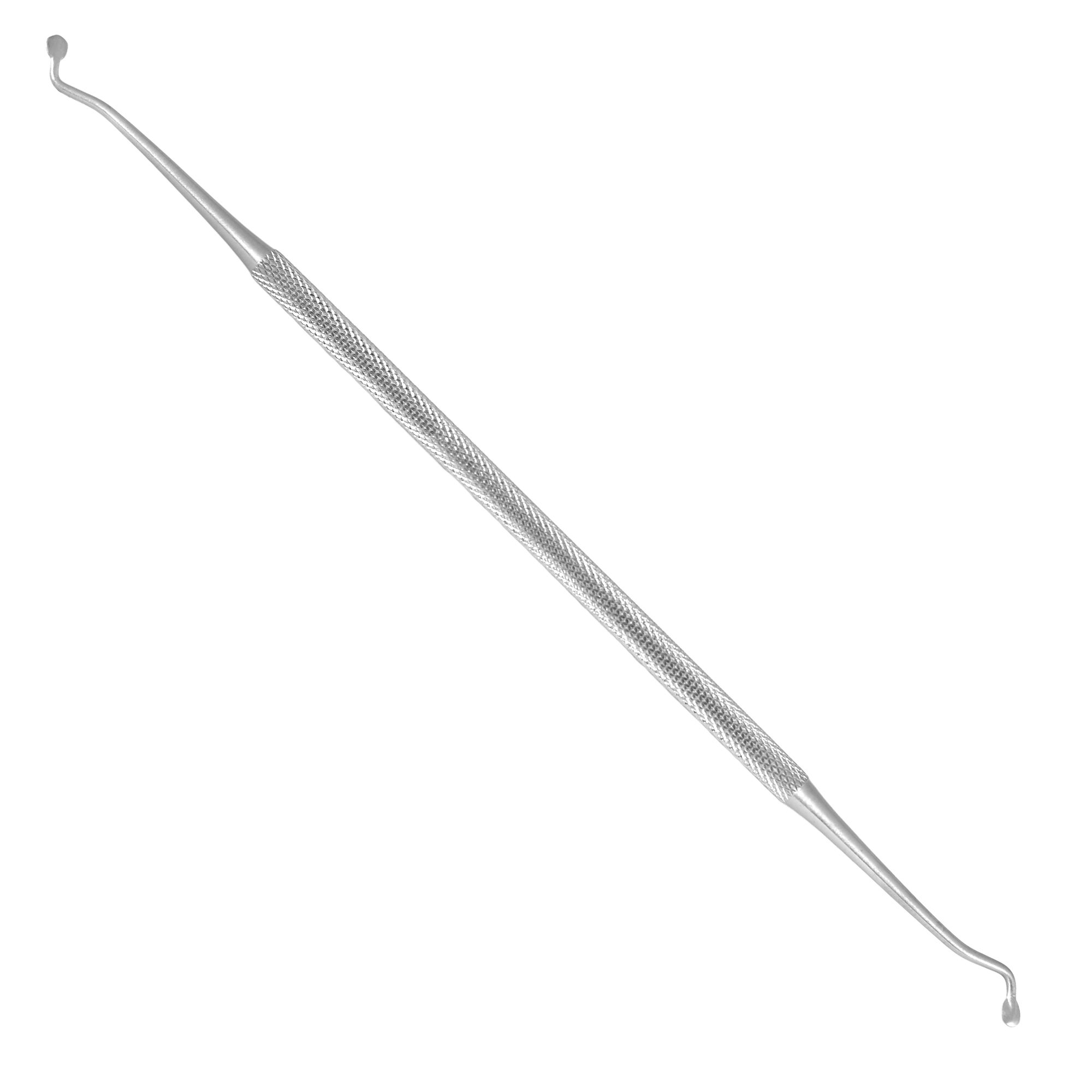 Roestvrijstalen instrument met gebogen uiteinden. Gekartelde handgreep. Voor voetverzorging.