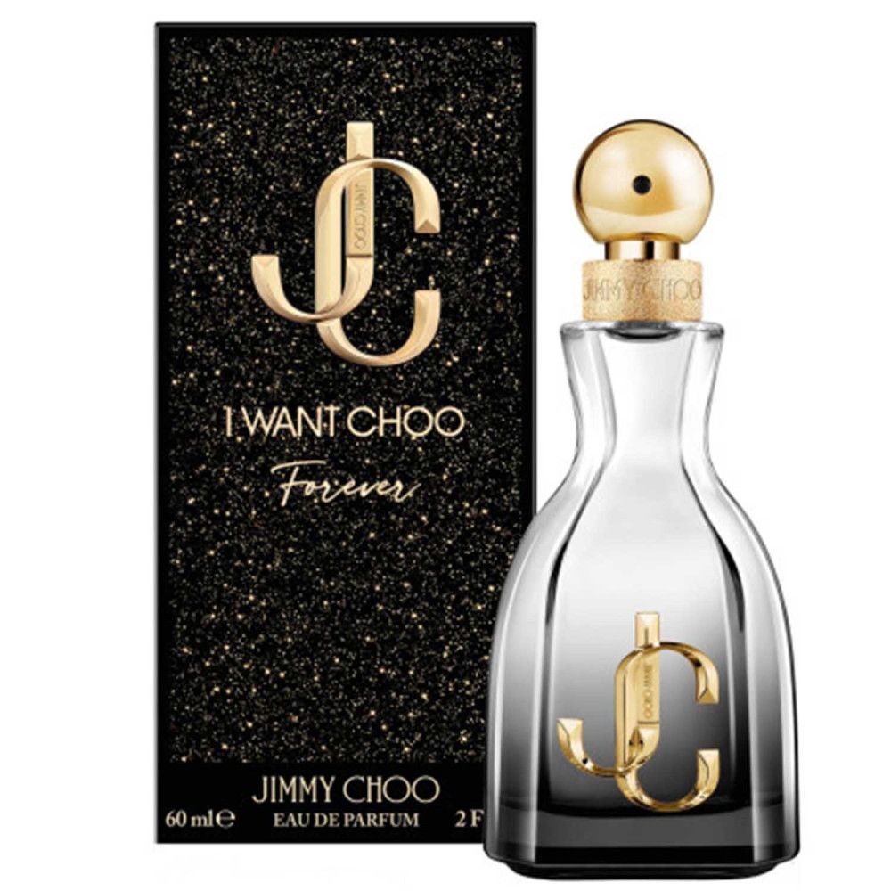 Flacon de parfum et emballage. Flacon avec bouchon doré et logo. Emballage à effet pailleté et logo.