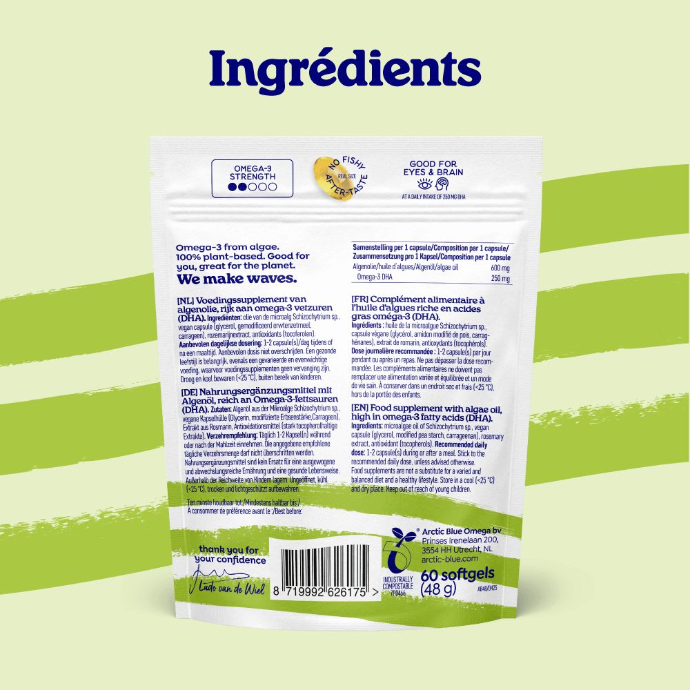 Dos d'un sachet avec liste des ingrédients et informations produit en plusieurs langues.