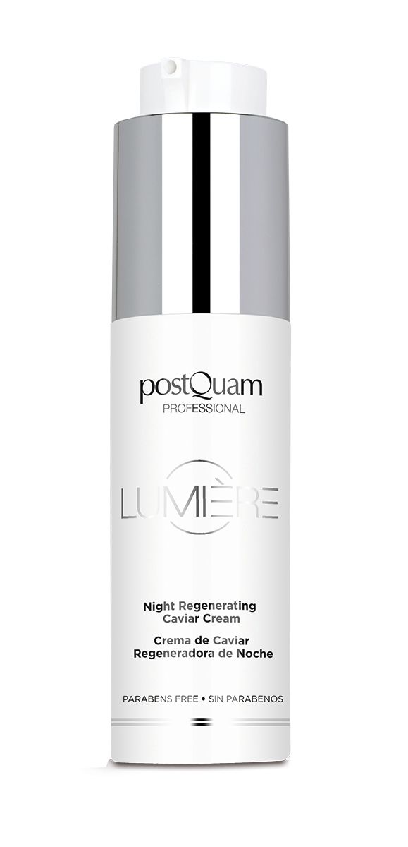 Flacon blanc avec bouchon argenté. Texte: PostQuam, Lumière, Night Regenerating Caviar Cream. Sans parabènes.