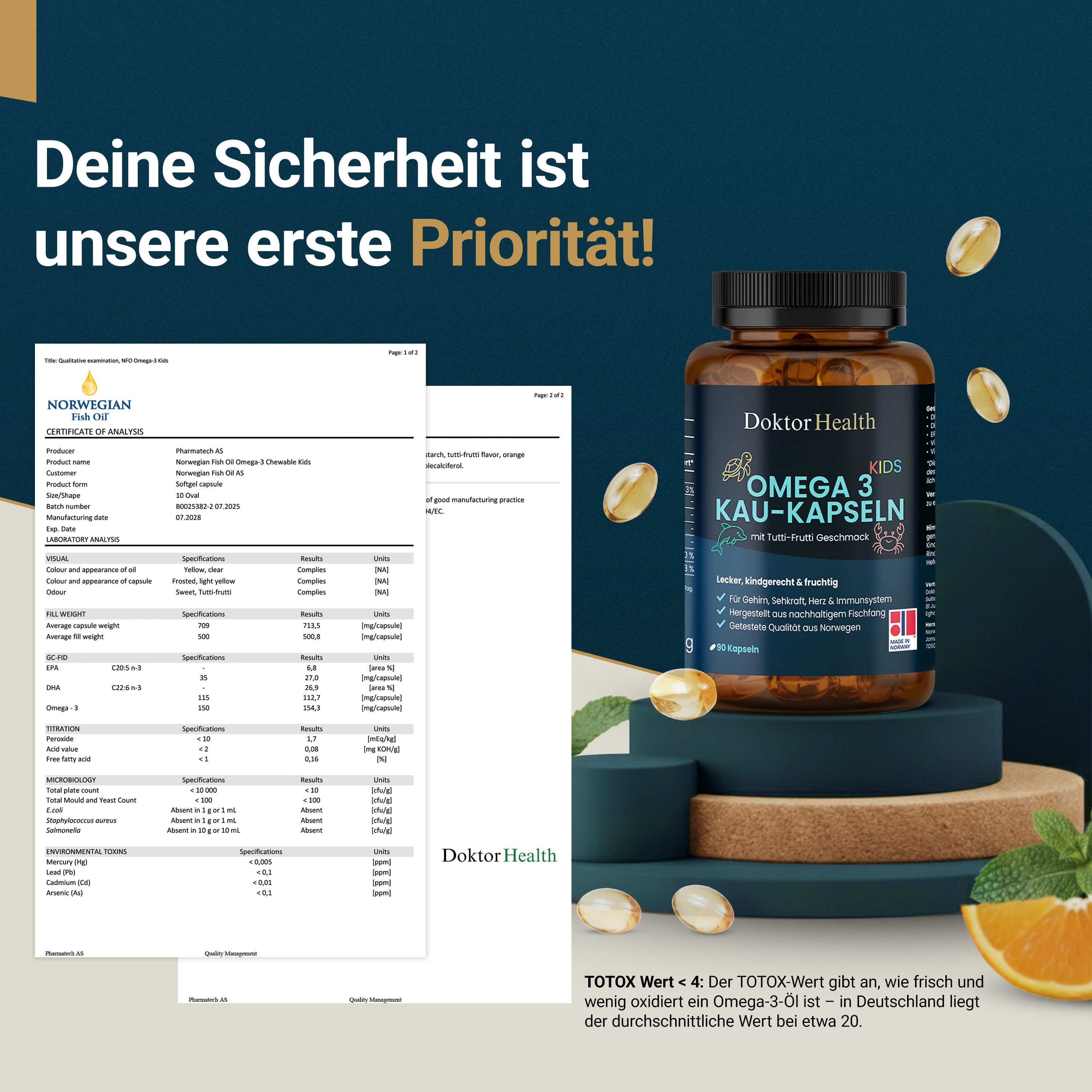 Certificaat en fles Omega 3 Kau-Kapseln. Tekst: Uw veiligheid is onze prioriteit! TOX-waarde 4.