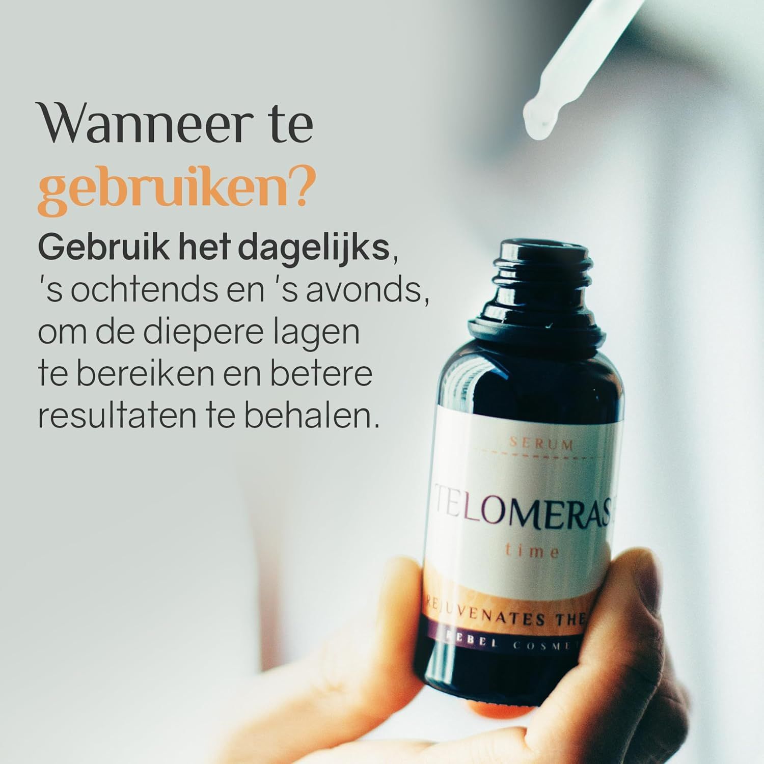 Donkerglazen flesje met druppelaar, etiket 'TELOMERAS TIME'.