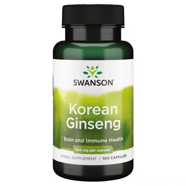 Bouteille verte de gélules de ginseng coréen Swanson, 500 mg par gélule.