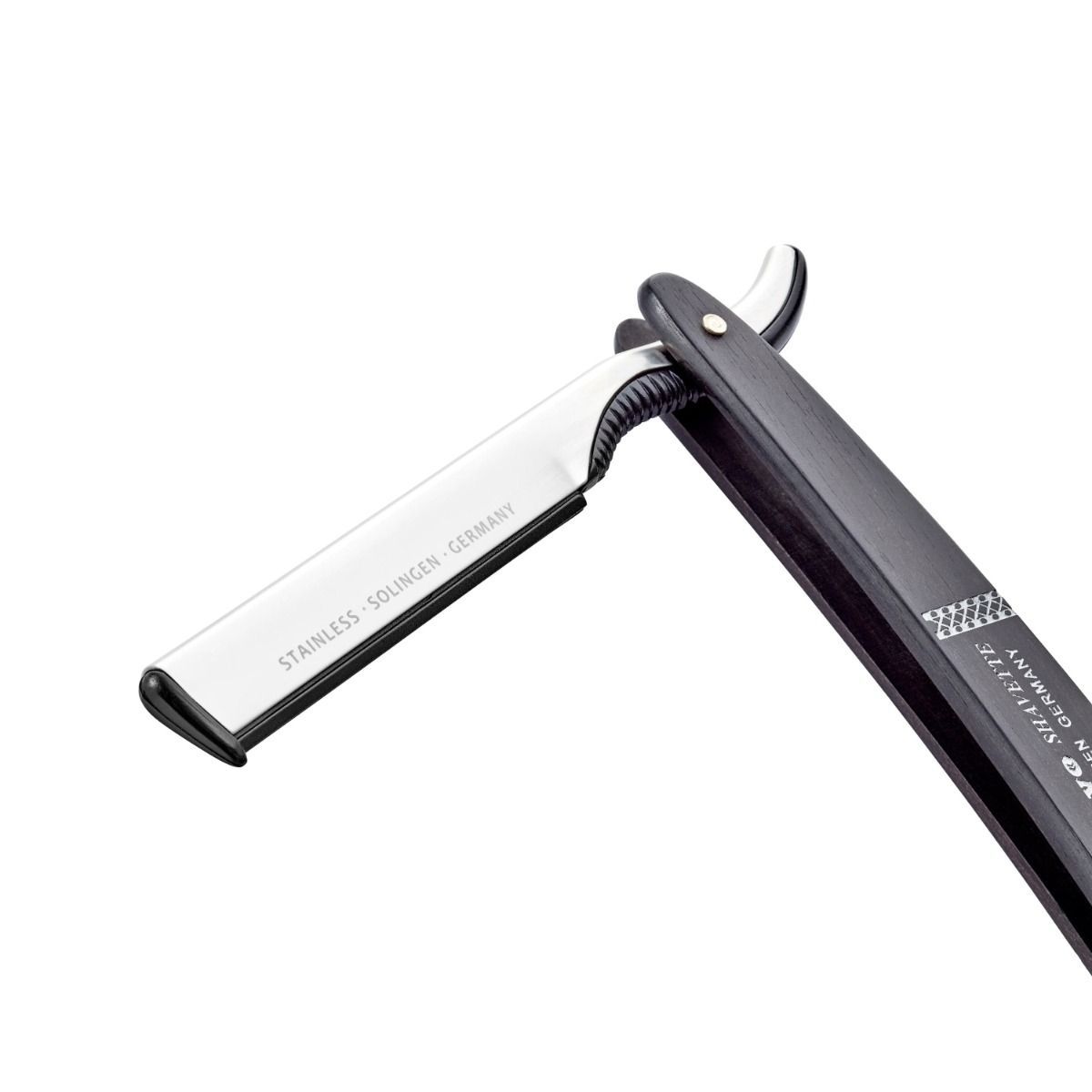 Open scheermes met zwart houten handvat. Roestvrijstalen mes. STAINLESS SOLINGEN GERMANY op het mes.
