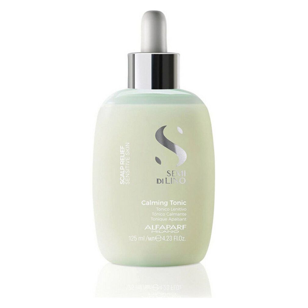 Groene fles met zilveren pipet. Opschrift: Semi Di Lino, Calming Tonic. Merk: Alfaparf Milano.