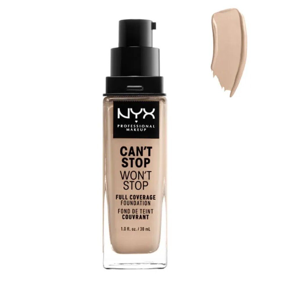 Flacon de fond de teint NYX Can't Stop Won't Stop avec pompe et échantillon de couleur.