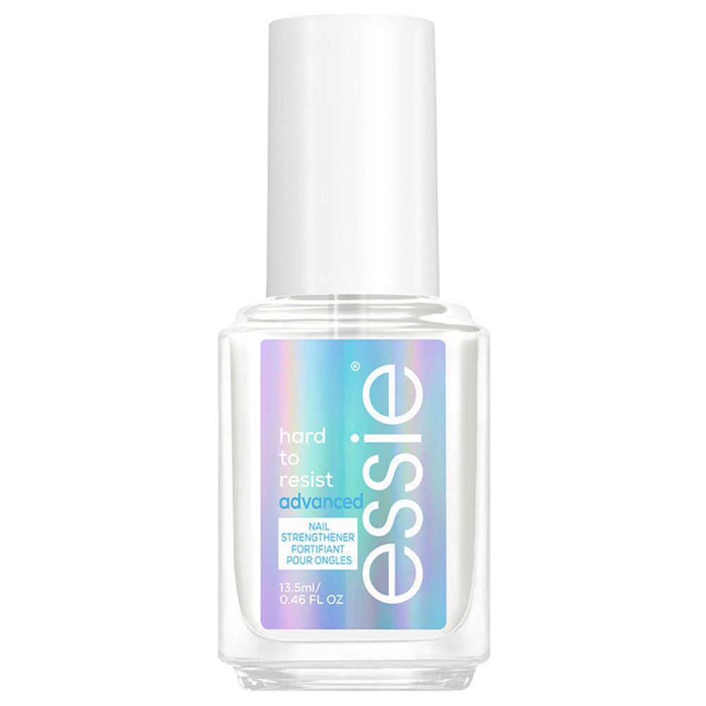 Flacon transparent avec bouchon blanc. Étiquette "hard to resist advanced" et logo "essie". Fortifiant pour ongles.
