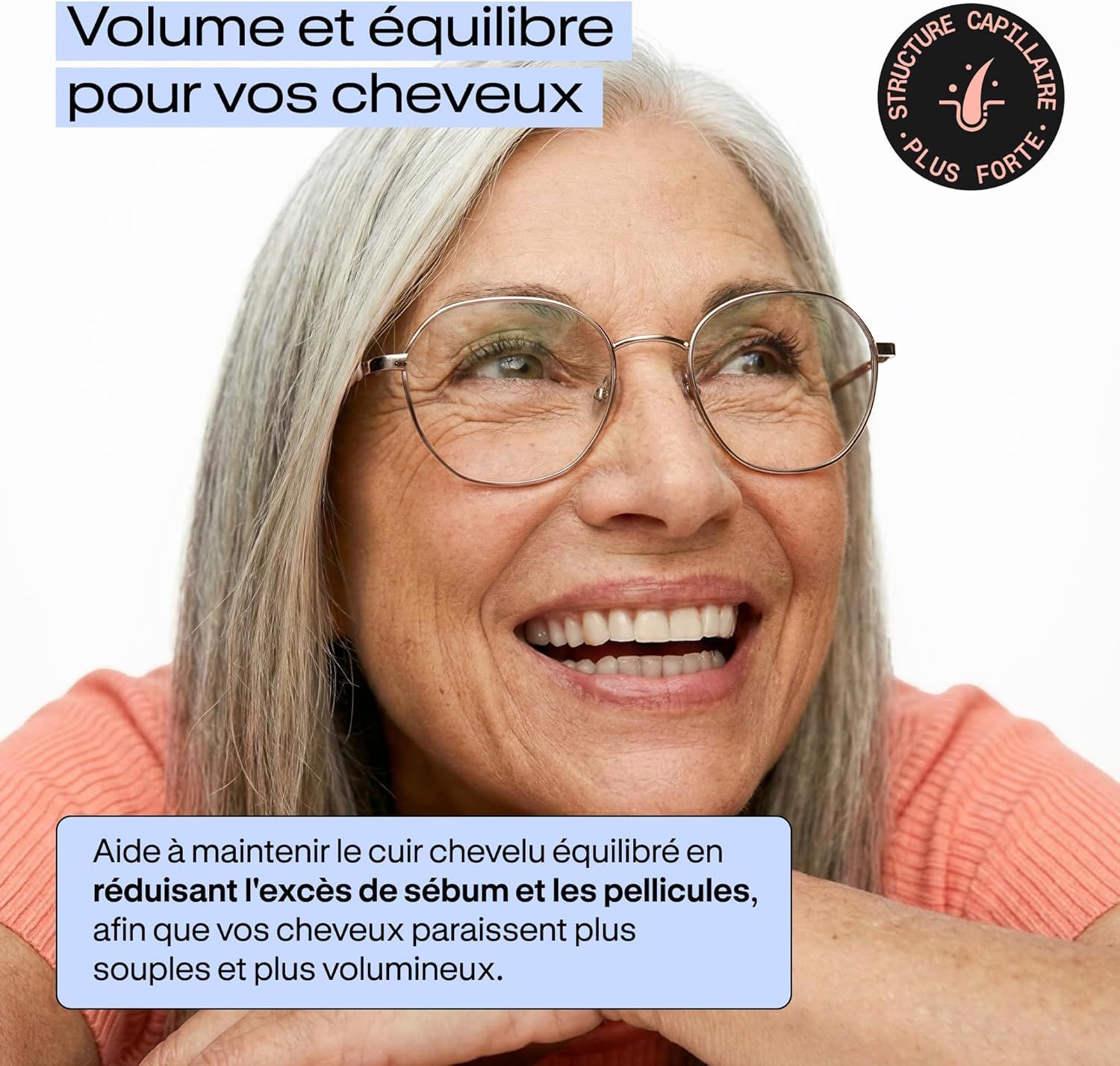 Femme âgée souriante aux cheveux gris et lunettes. Texte sur les soins capillaires.