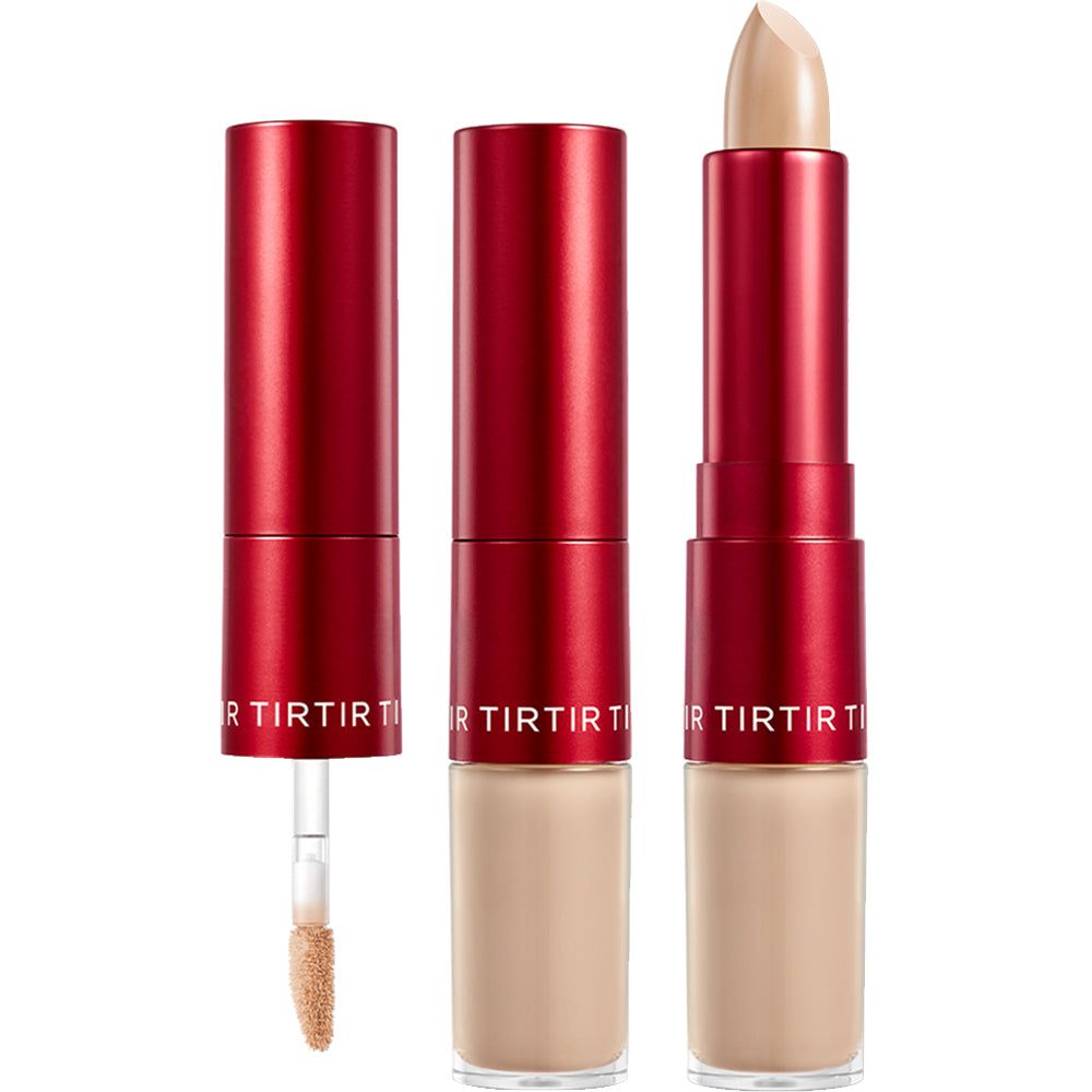 Trois correcteurs TIRTIR Glide & Hide Blurring. Un bâton ouvert avec applicateur, un avec correcteur, un fermé. Étuis rouges.