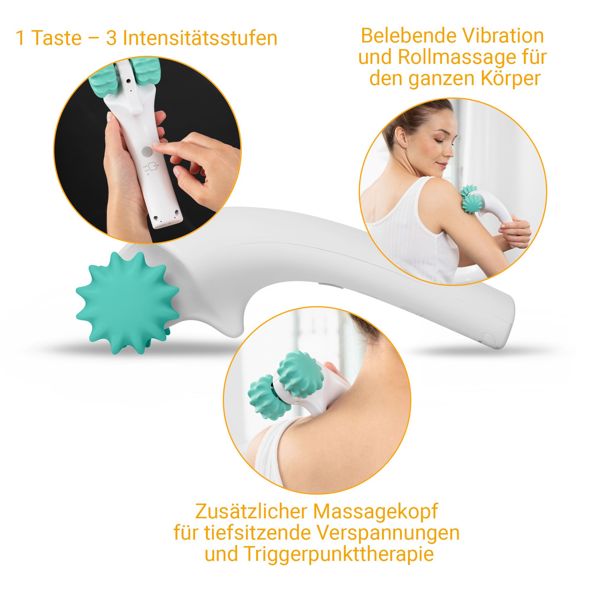 Medisana handmassageapparaat met twee rollen en een extra massagekop in stervorm.