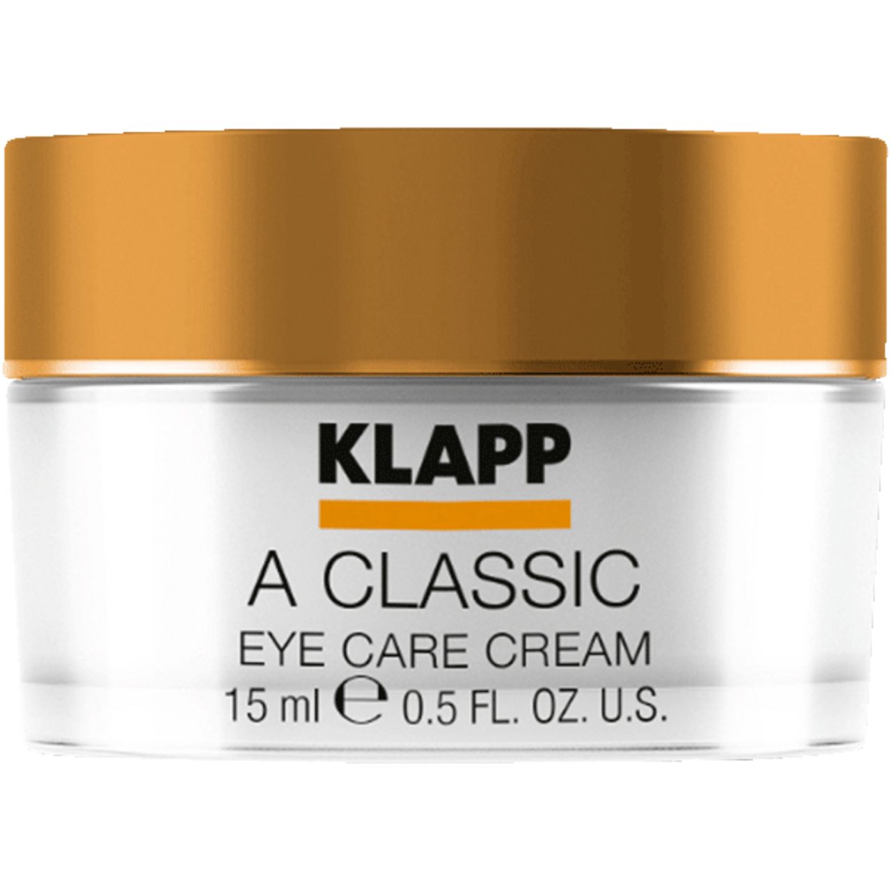 Glazen pot met gouden deksel. Opschrift: KLAPP, A Classic Eye Care Cream. 15 ml. 0,5 FL. OZ. U.S.
