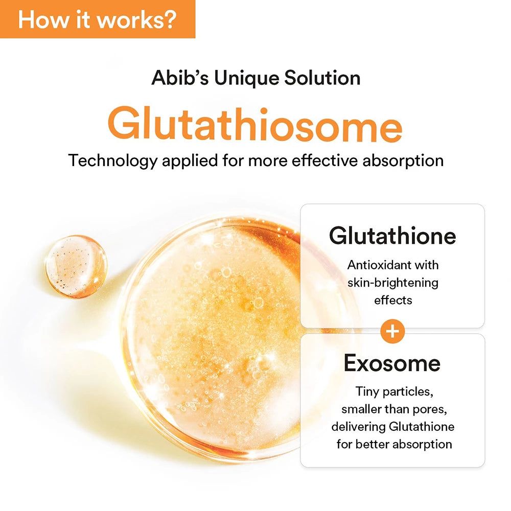 Abib Glutathiosome. Texte : Glutathion, antioxydant avec effets éclaircissants. Exosome, petites particules, meilleure absorption.