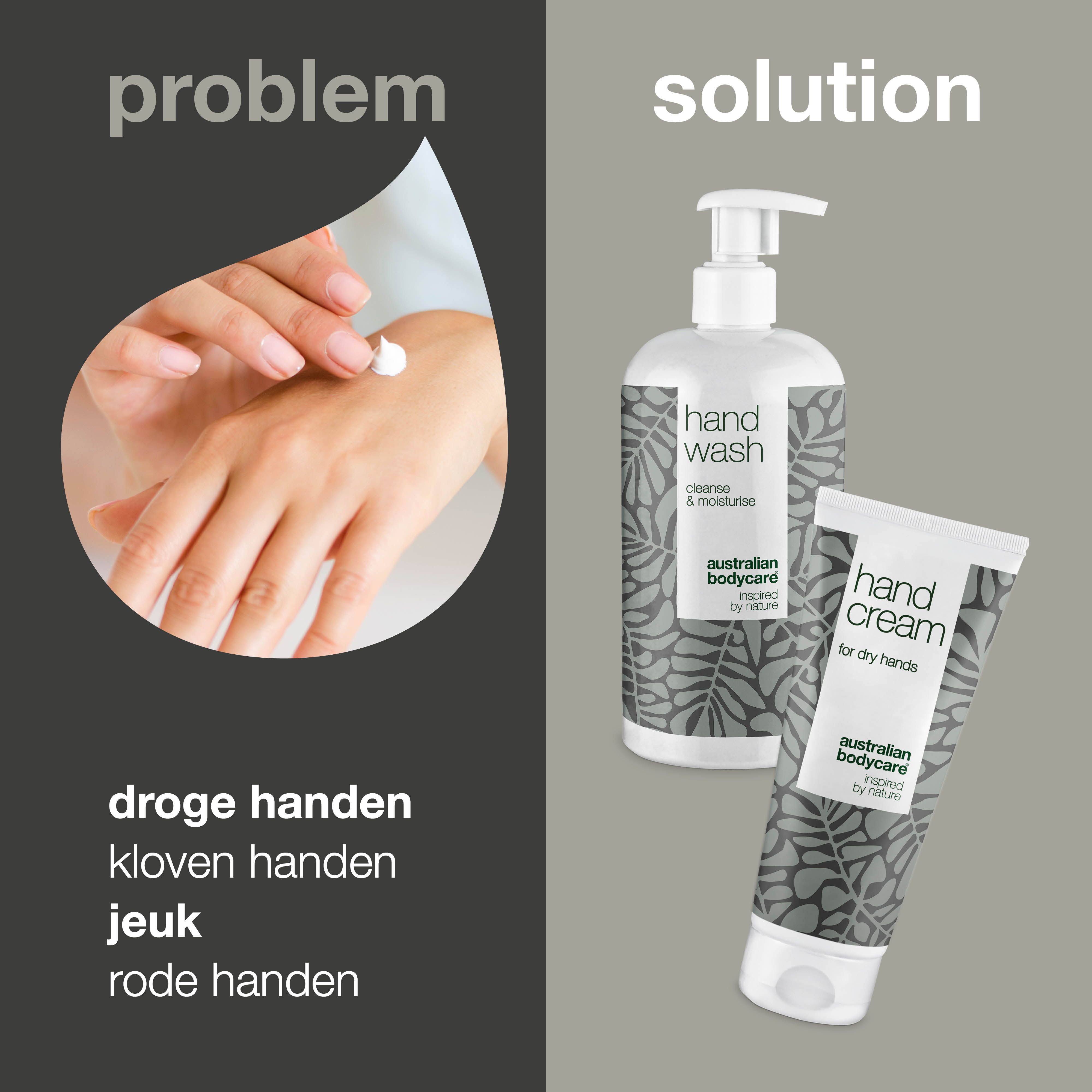 Afbeelding van een hand die crème aanbrengt. Daarnaast handzeep en handcrème. Tekst: droge handen, kloven handen, jeuk.