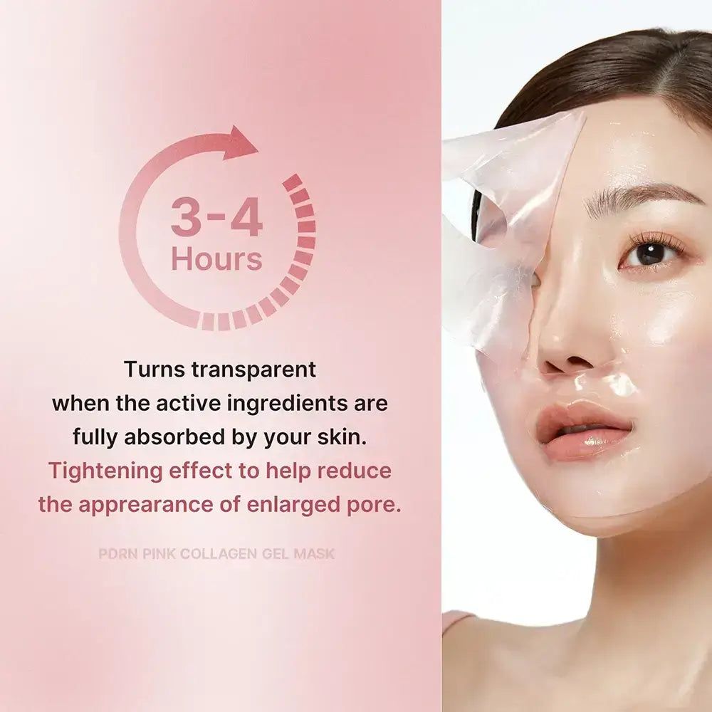 Femme portant le masque Medicube PDRN Pink Collagen Gel Mask, qui devient transparent.