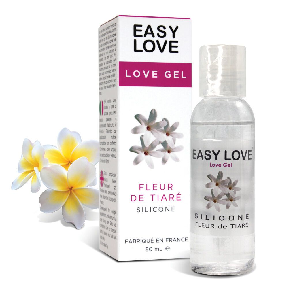 Easy Love Love Gel, Tiaré bloem siliconenolie, flesje en doosje van 50ml.