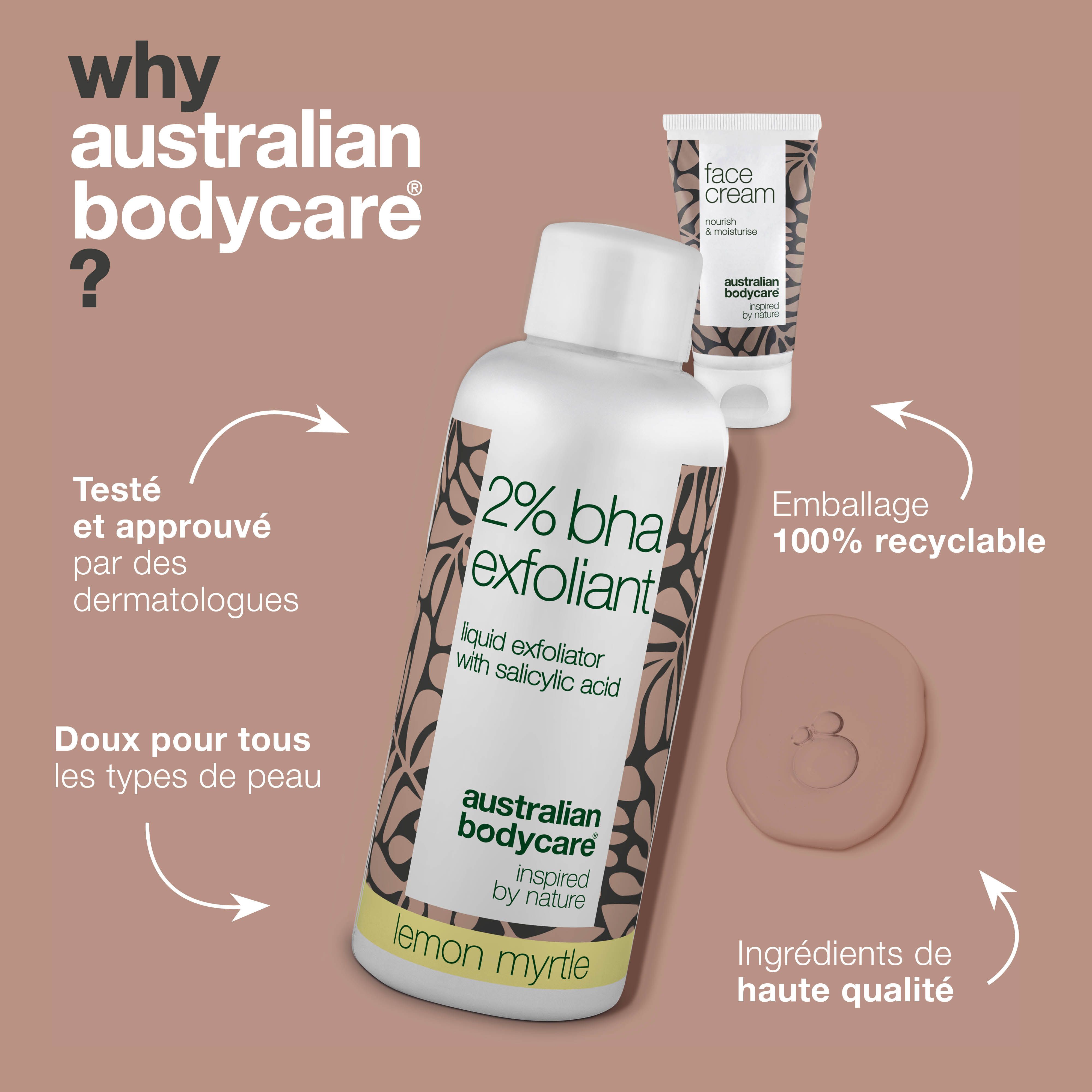 Deux produits : 2% BHA Exfoliant et Face Cream. Texte : Pourquoi Australian Bodycare ? Avantages.