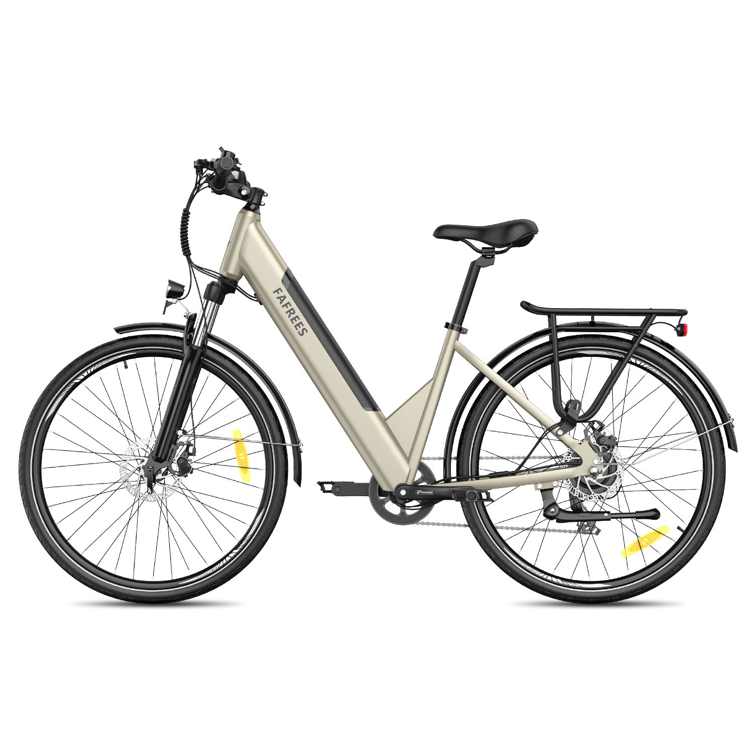 Vélo électrique Fafrees F28 Pro beige, détails noirs. Porte-bagages, garde-boue, pneus CST. Marque visible.