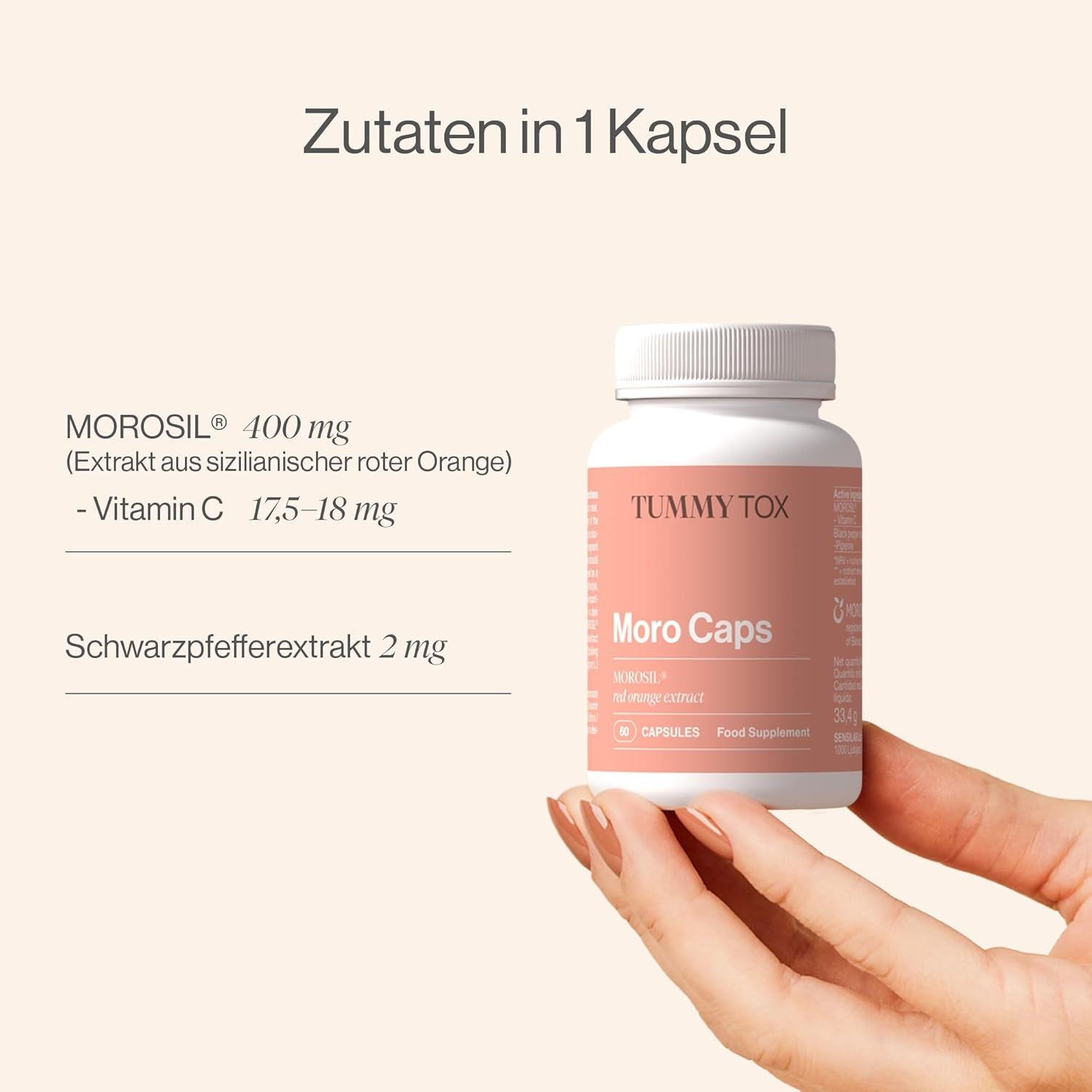 Flacon blanc "Tummy Tox Moro Caps". Ingrédients: Morosil, Vitamine C, Extrait de poivre noir. Complément alimentaire.
