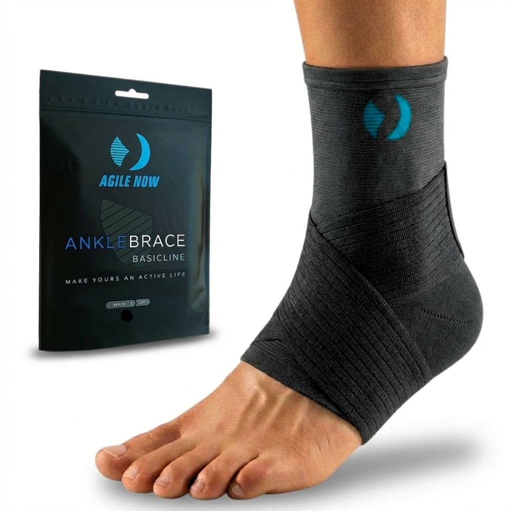 Zwarte enkelbrace en verpakking. Tekst: AGILE NOW, Ankle Brace, Basicline.