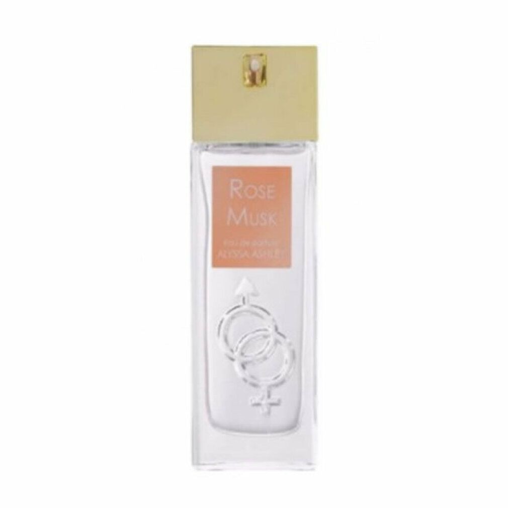 Rechthoekige fles met gouden dop. Label met "Rose Musk" en "Alyssa Ashley". Daaronder, verstrengelde symbolen.