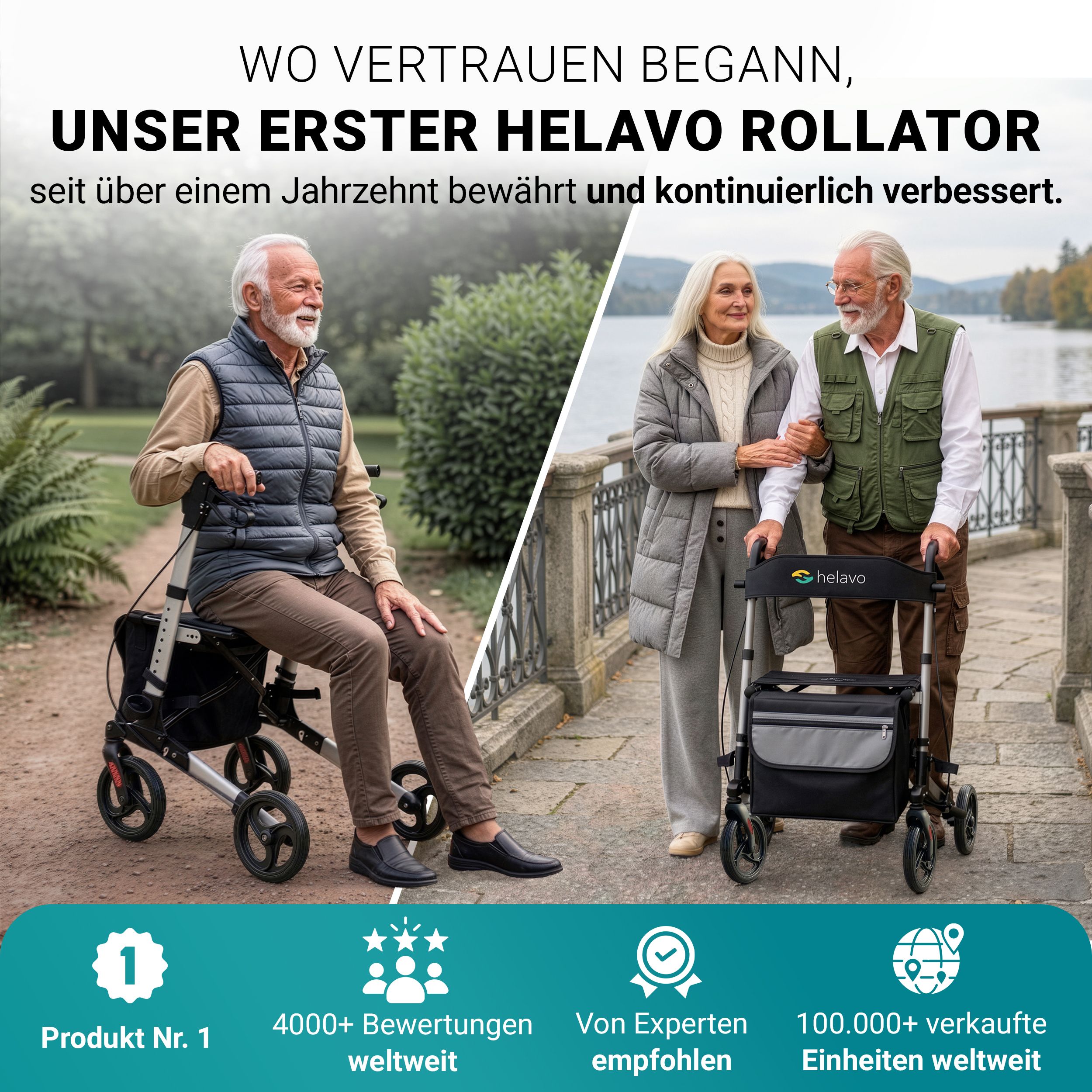 Couple âgé se promène avec un rollator Helavo; Produit N°1, plus de 100 000 unités vendues.