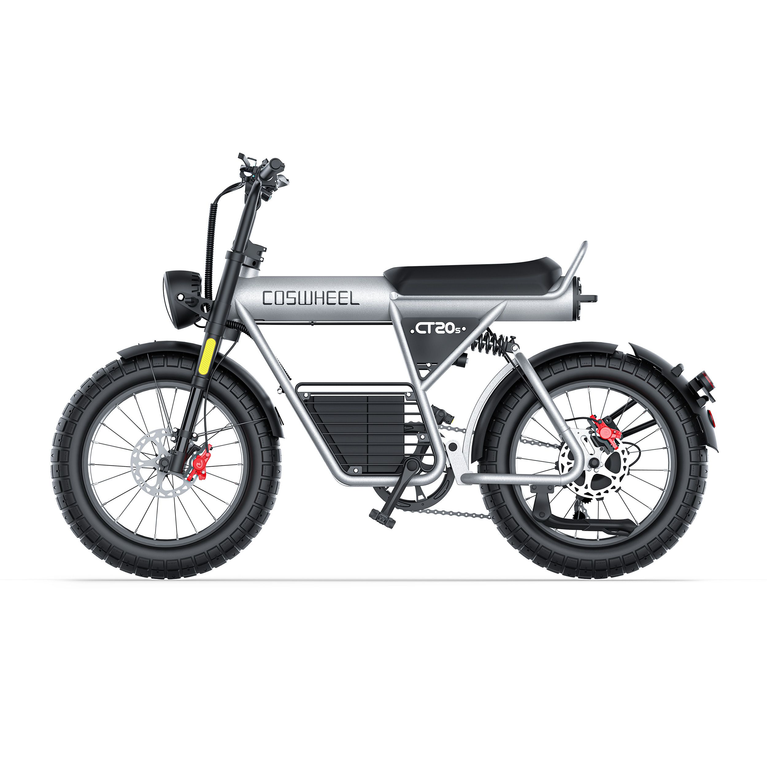 Zilveren elektrische dirtbike, zwarte banden, opschrift "COSWHEEL", "CT20S", koplamp, spatborden.