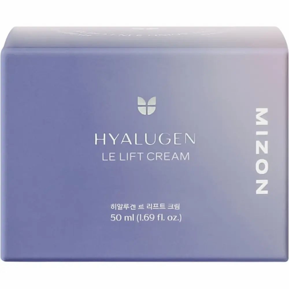 Verpakking van de crème. Opschrift: HYALUGEN LE LIFT CREAM, MIZON. Koreaanse karakters. 50 ml (1.69 fl. oz.).
