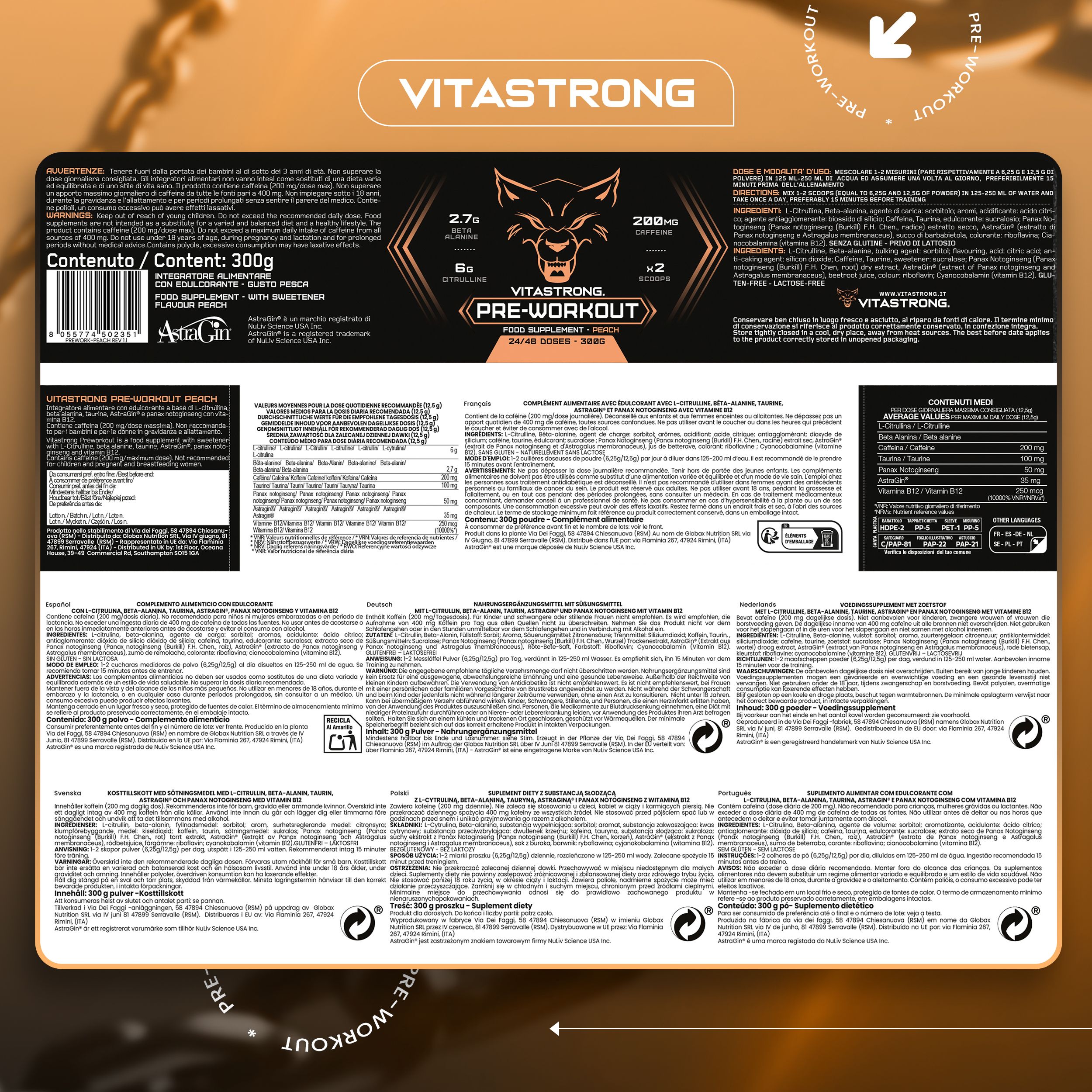 Achterkant verpakking Vitastrong Pre-Workout. Meertalige tekst. Bevat voedingsinformatie en ingrediënten.