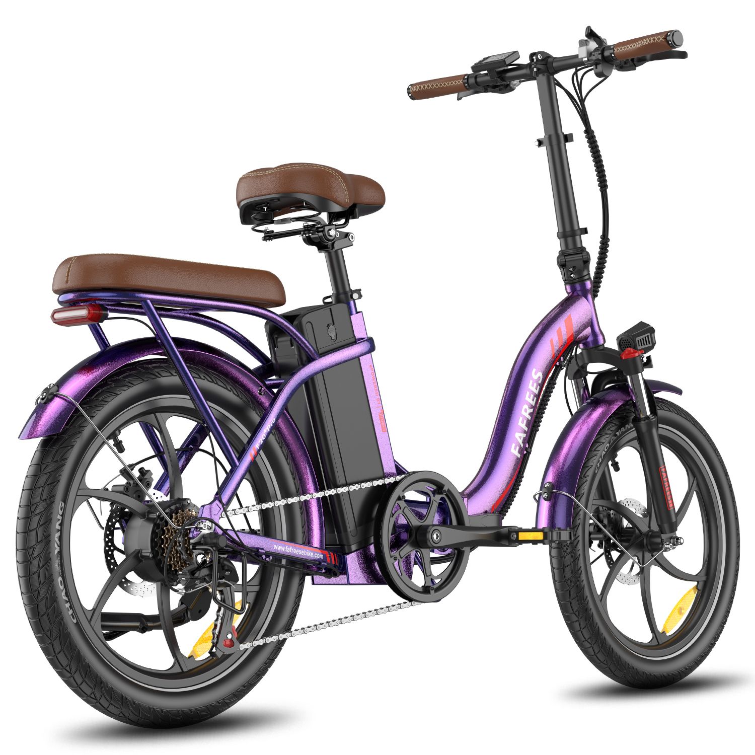 Vélo électrique pliable violet, selle et porte-bagages marron. Pneus, jantes et batterie noirs. Marque FAFREES.