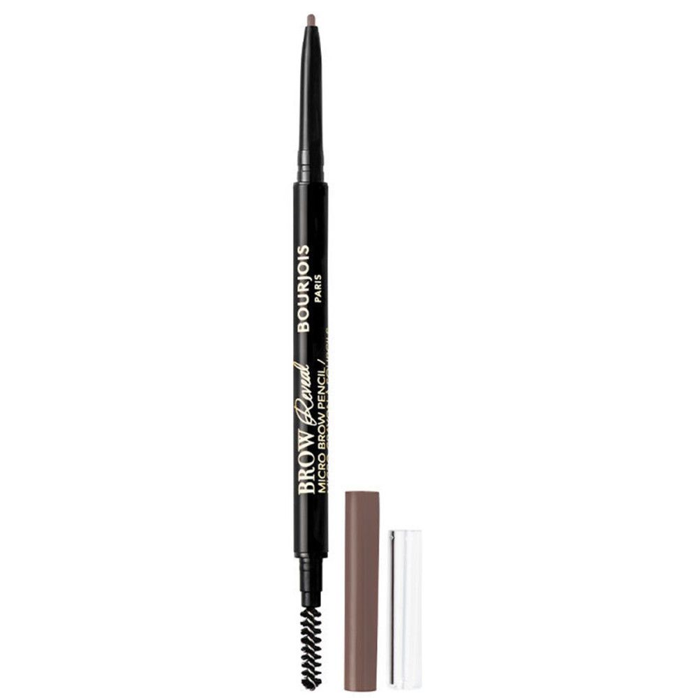 Crayon à sourcils avec brosse et capuchons. Crayon noir, mine marron, brosse. Marque : Bourjois Paris. Texte : Brow Reveal Micro Brow Pencil.