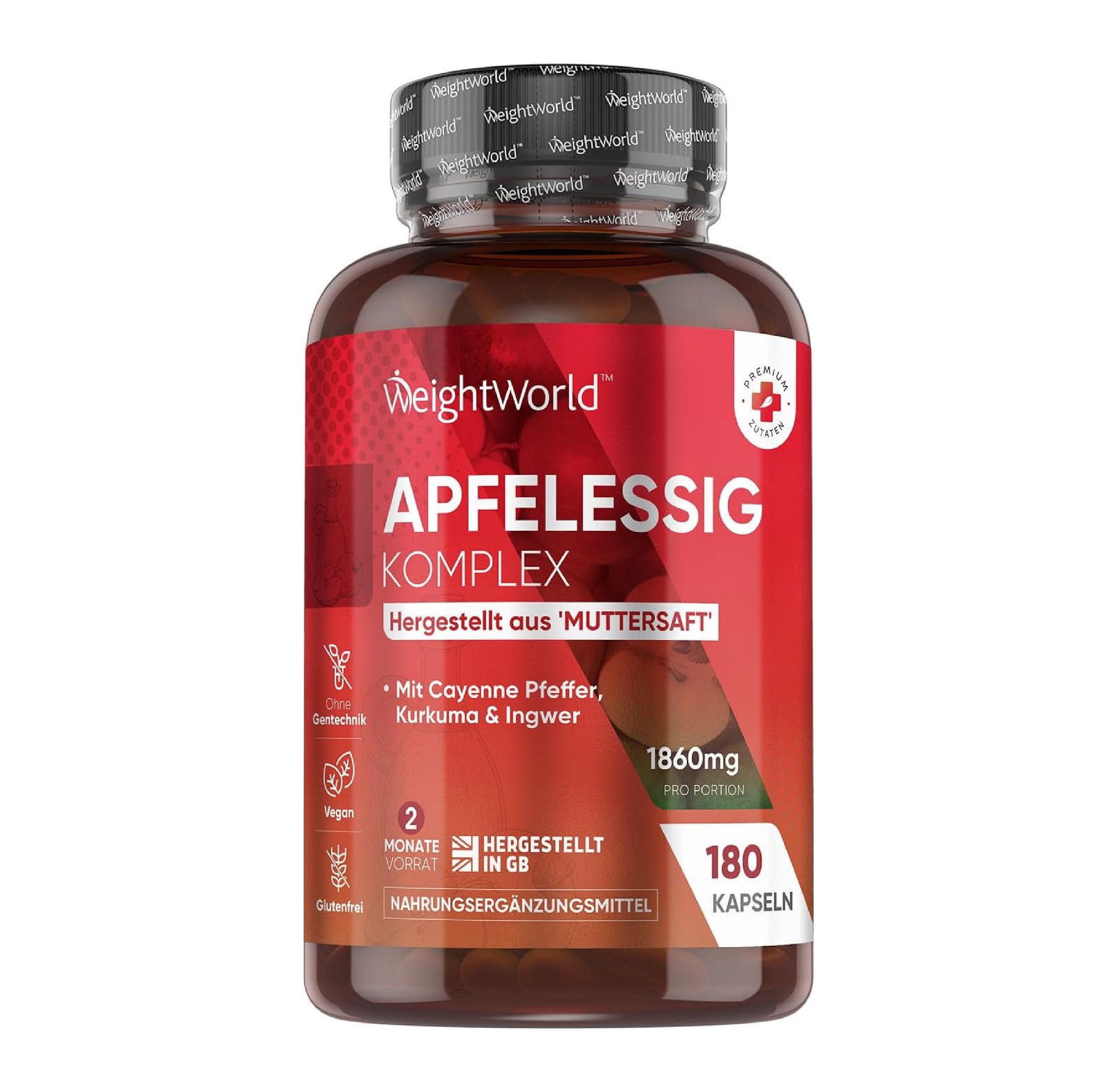 Bruine fles met capsules. Opschrift: Apfelessig Komplex. Bevat 180 capsules. Veganistisch, glutenvrij.