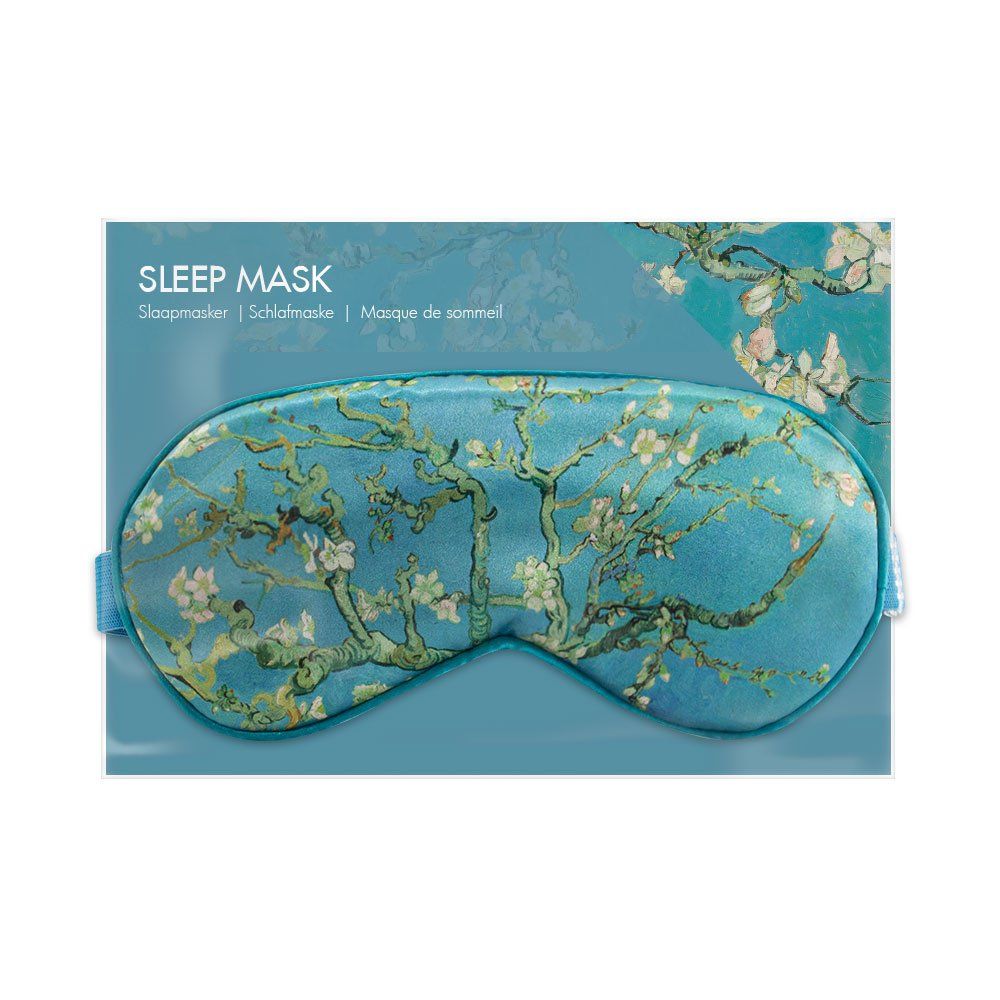 Slaapmasker met amandelbloesemmotief, op verpakking. Tekst: Sleep Mask, Schlafmaske, Masque de sommeil.