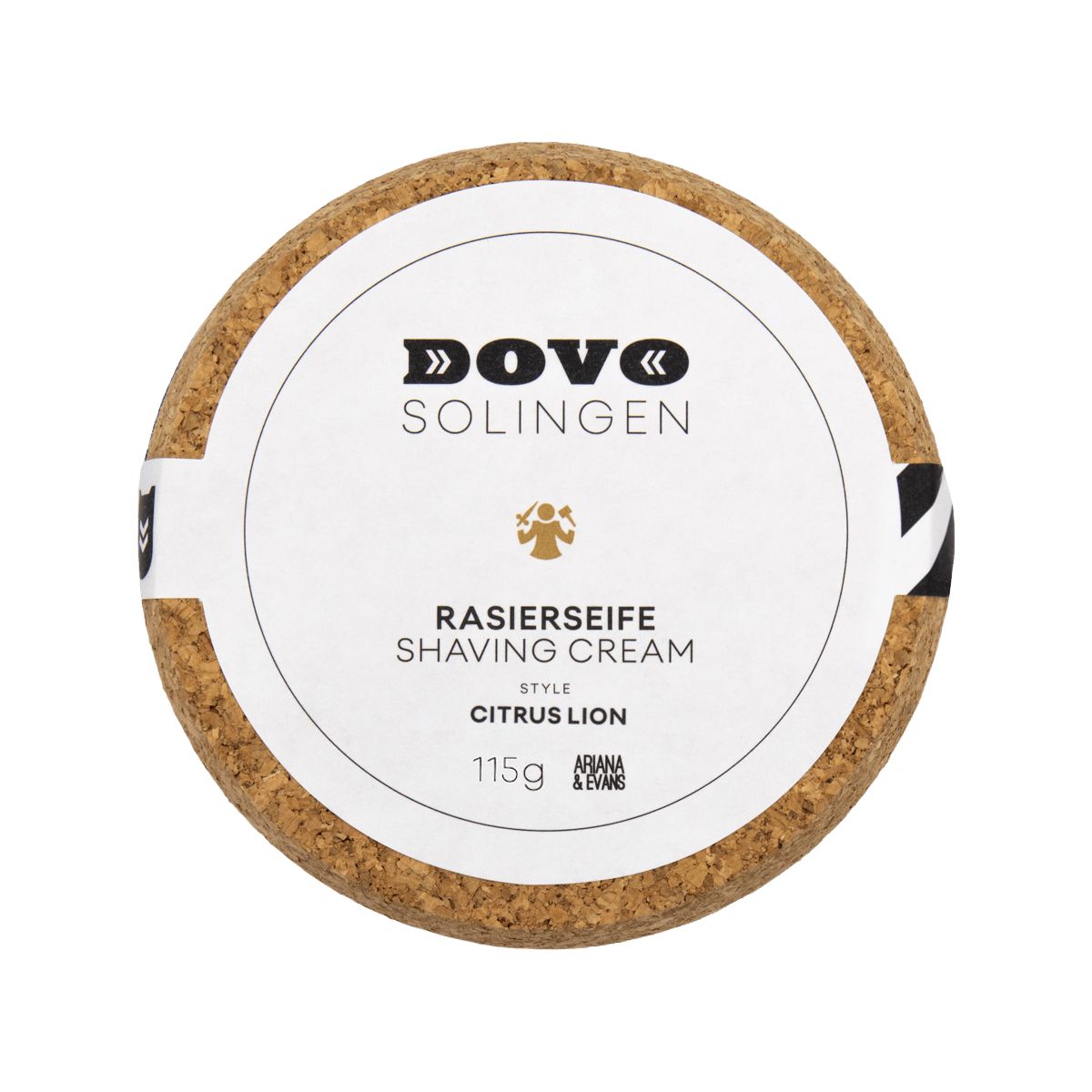 Scheercrème pot met kurken deksel. Wit etiket met logo en tekst: DOVO Solingen, Citrus Lion, 115g.