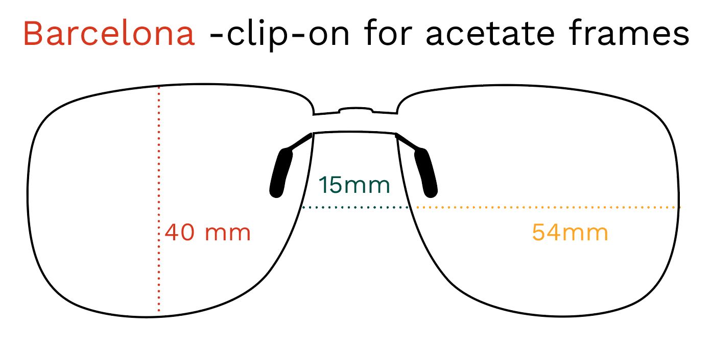 Croquis d'un modèle de clip-on. Dimensions : 40mm hauteur, 54mm largeur, 15mm pont.